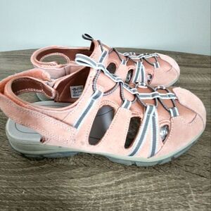Lands End Women's Size 11B Sport Sandals Pink Suede Gray Hook & Loop Closed Toe